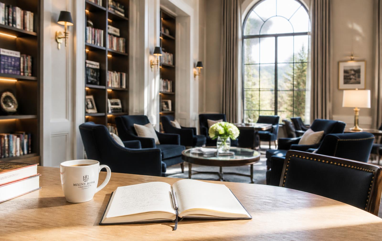 Notebook and coffee in a bright luxury hotel library lounge