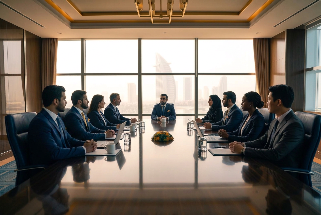 Hotel owners and executives in discussion around a boardroom table in the Gulf